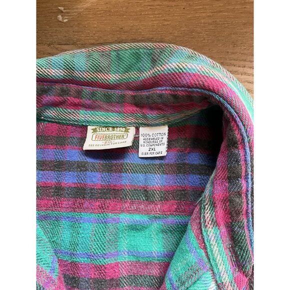 Vintage 90s Fivebrother Rainbow Plaid Flannel Chamois Button Shirt - Picture 5 of 7
